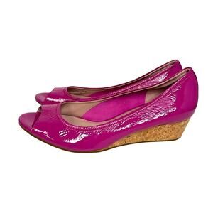 Cole Haan NikeAir Pink Patent Leather Cork Wedge Peep Toe Pumps 10AA Magenta